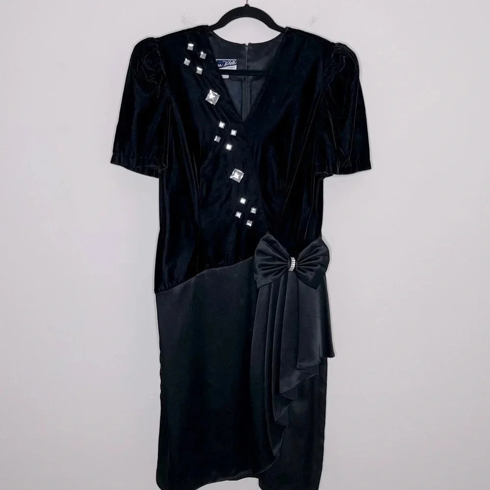 Vintage Y2K 80s Vanna White Original whimsygoth Bow Puff Sleeve Midi Dress prom